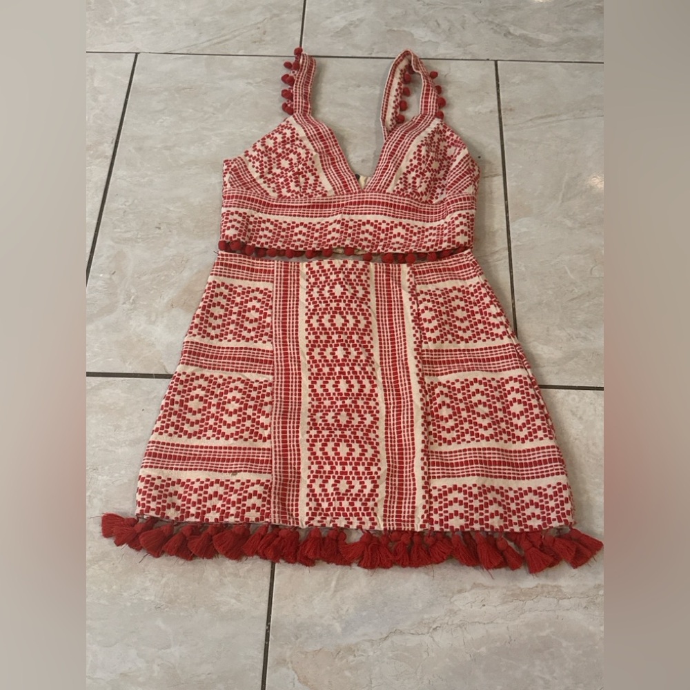 SAYLOR Red & White Embroidered Tassel V-Neck Mini Dress